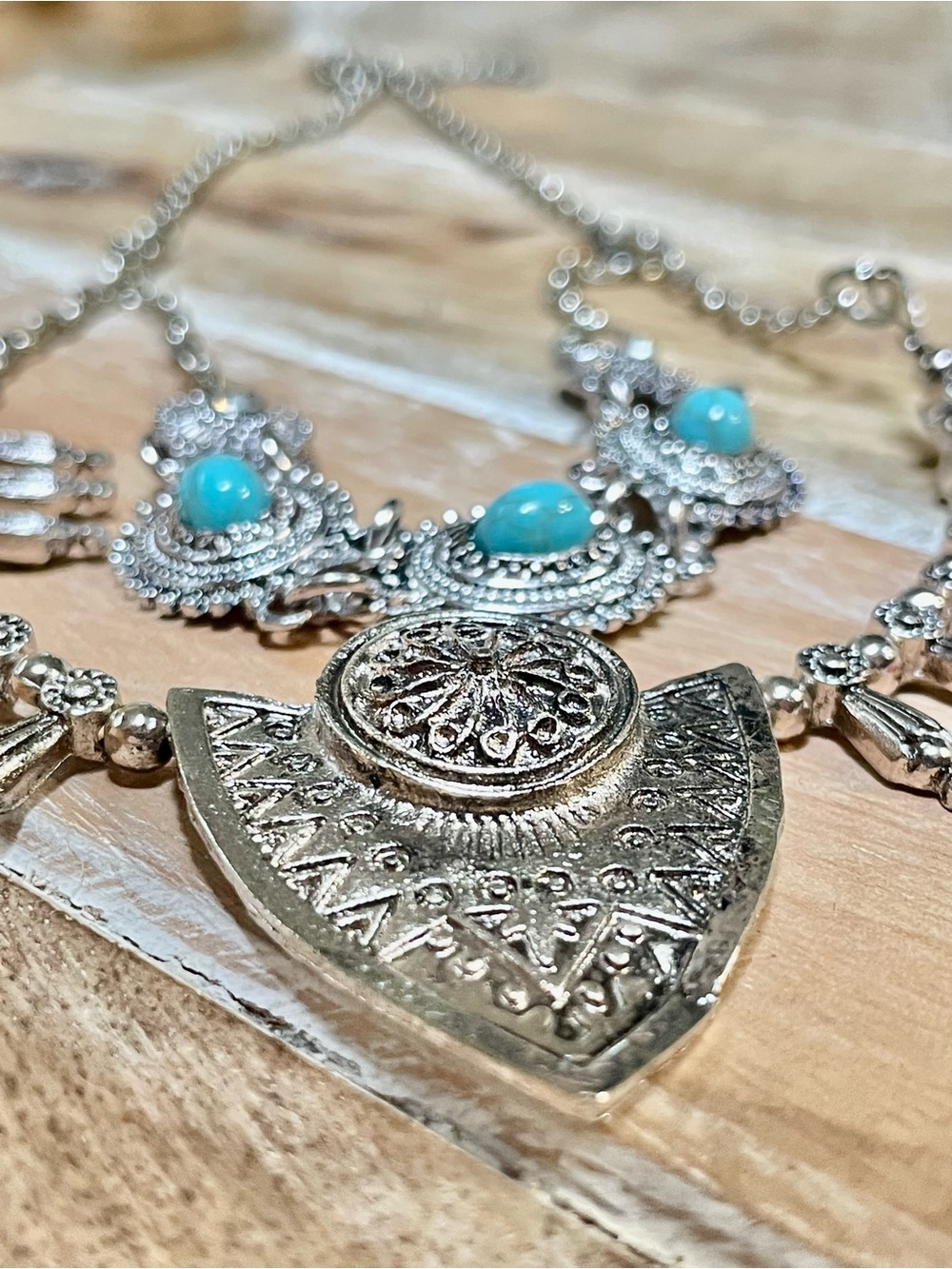 Bohemian Silver-Tone Necklace with Turquoise Accents - Women Jewelry - Picture 3 of 4